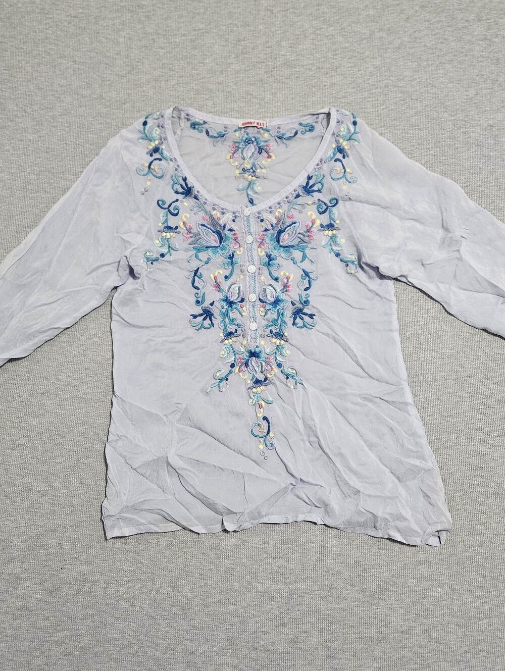 Johnny Was light blue embroidered blouse with bell sleeves Size S Flowers Silk